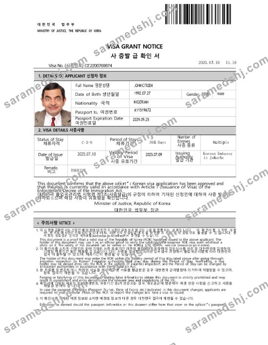 Korea e-visa template in Word and PDF formats